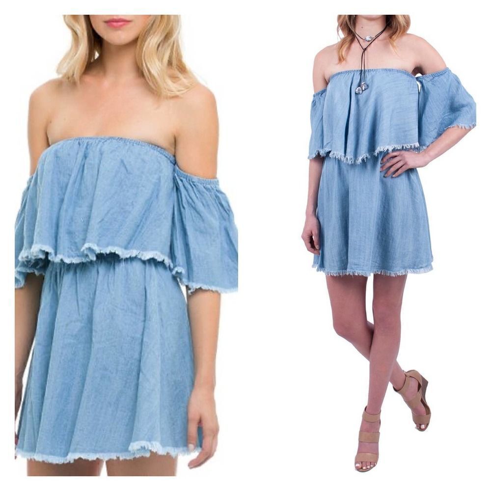 Elan Off -Shoulder Blue Ruffle -Layer Raw Edge Off-Shoulder Mini Dress